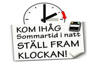 Sommartid i Sverige börjar på söndag den 31 mars 2019 kl.02.00. Klockan flyttas då fram en timme. التوقيت الصيفي في السويد يبدأ يوم الأحد المصادف 31/03/2019 الساعة الثانية صباحا حيث سييتم نقل الوقت إلى الأمام ساعة واحدة